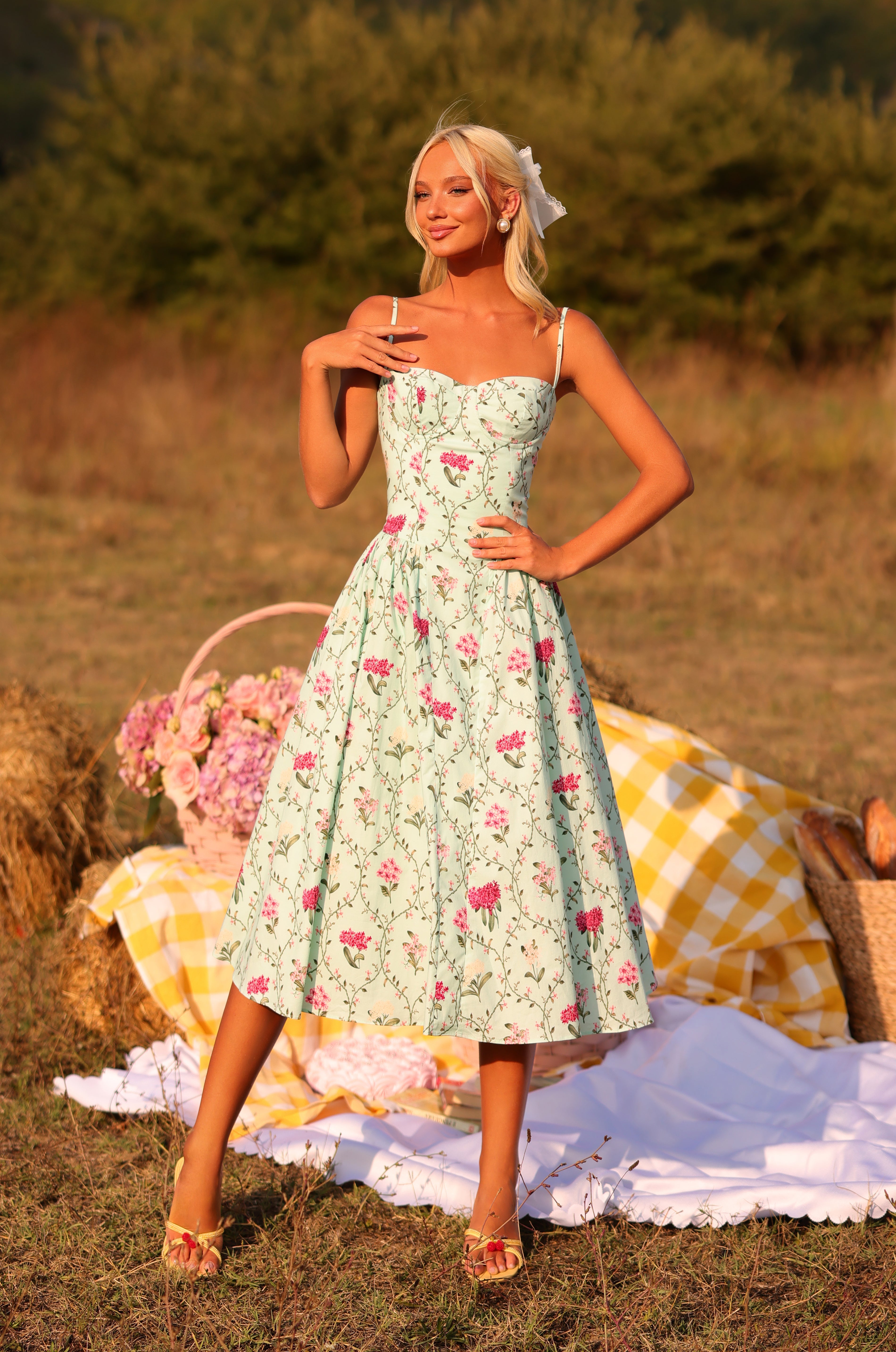 Mint green floral corset midi dress with spaghetti straps
